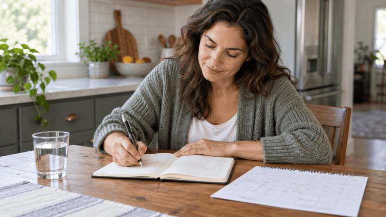 Woman tracking headaches in a migraine diary